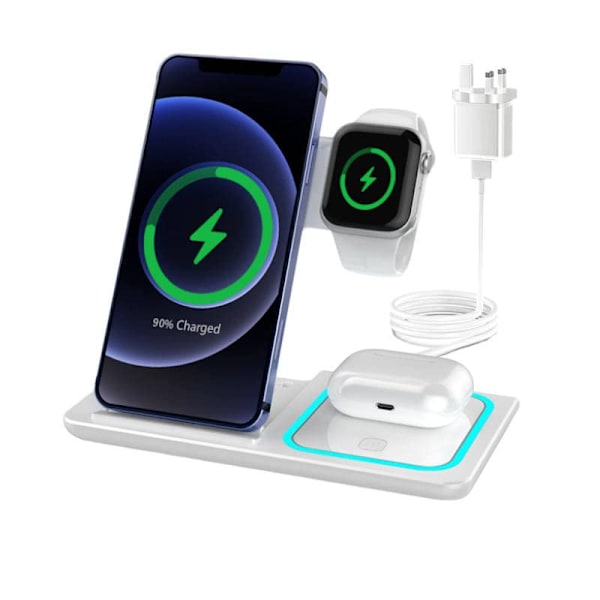 Trådløs lader, 3 i 1 kompatibel med iPhone 14, 13, 12, 11/XS Max/XR, iWatch Ultra/8/7/6/SE/5/4/3/2, Samsung Galaxy og AirPods 3/2/pro (Hvit)