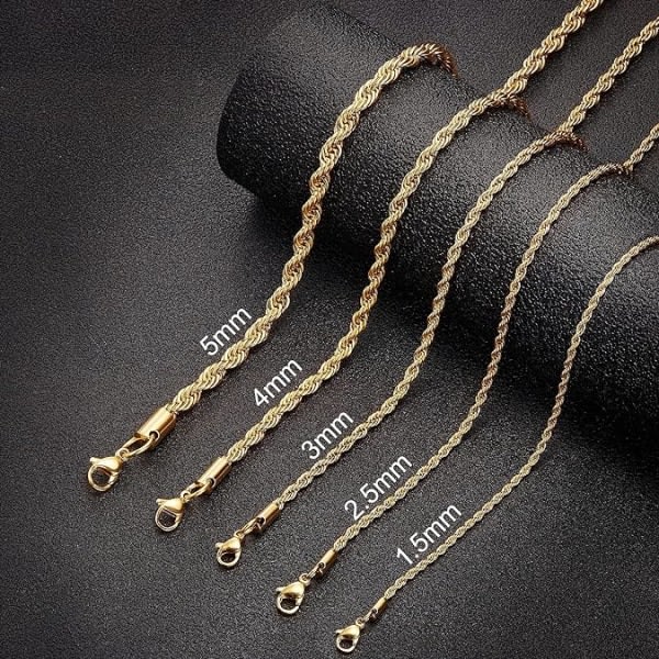 18k äkta guldpläterad repkjede 5mm rostfritt stål vridkedja halsband for män kvinnor 26 tum