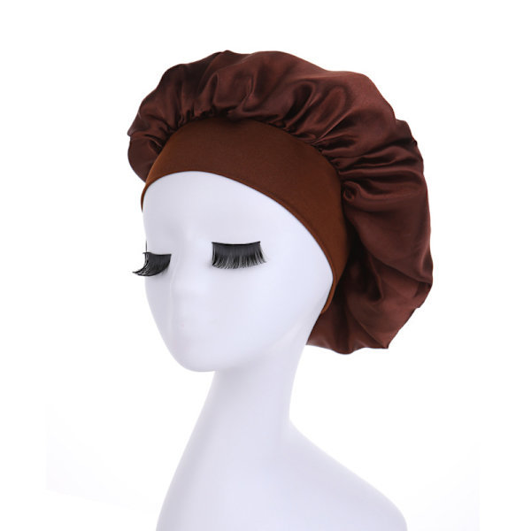 Ny satin bredskygget sovehat til kvinder, unisex hovedbeklædning med elastisk bånd, hårplejehætte, nathue Dark Brown