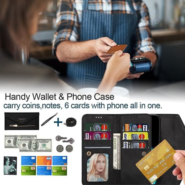 Etui til Iphone 6 Avtagbart Crossbody Dragkedja Plånbok Handväska etui med 6 kortholdere, premium Pu-læder beskyttelsesfolie Fl null ingen