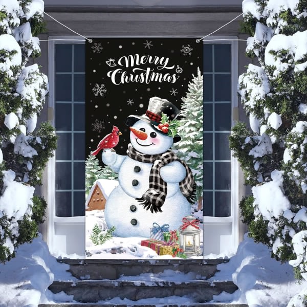 Christmas Snowman Cover God Jul Dörrdekorationer Vinter Snögubbe Bakgrund Bakgrund Banner for ytterdörr Veranda Xmas