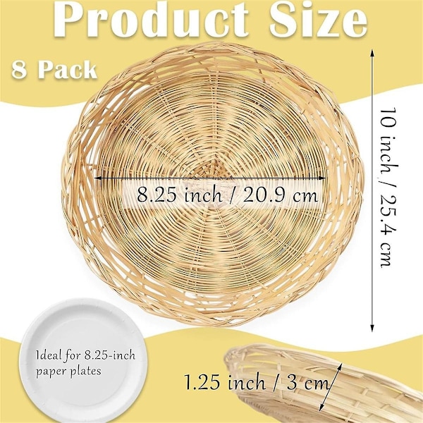 8-pack Bambu Papperstallrikshållare, 25 cm Återanvändbara för Middagstallrikar Handvävda Korgar för Papperstallrikar - WELLNGS