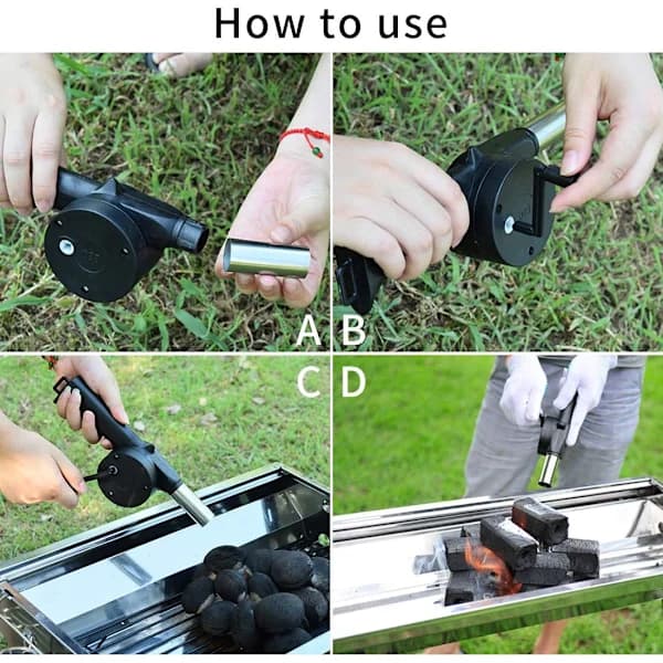 BBQ Grillventilator Håndsving Luftblæser Plast og Metal Ildstarter til Kulgrill Camping Pejs Sort