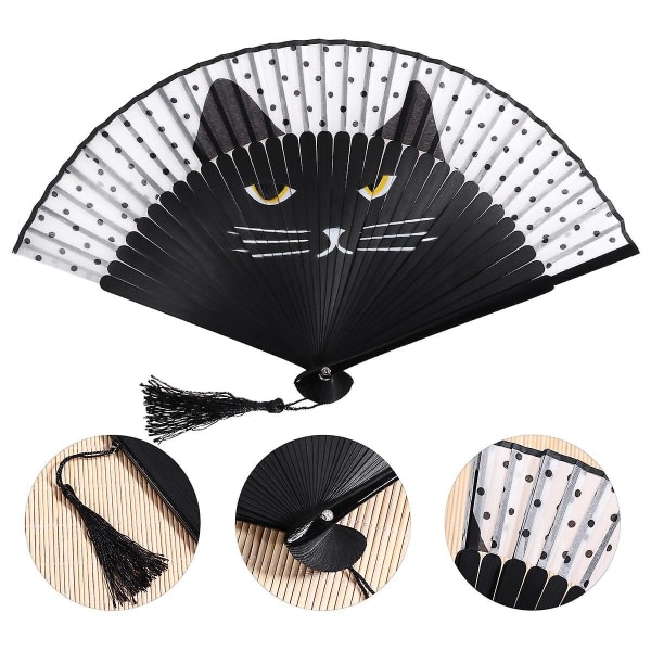 Vorcool Kvinder Cartoon Cat Folding Silk Fan Håndholdt Fan (svart) Sort ingen