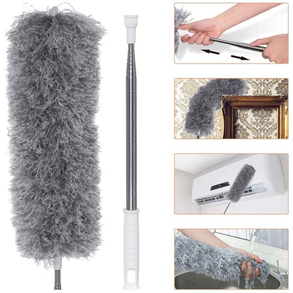 Dammvippa teleskopisk tvättbar, dammtrasa mikrofiber teleskopskaft i rostfritt stål och böjbar hörnkvast, dammduk