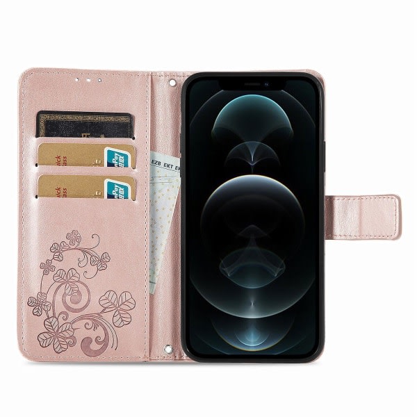 Etui til Iphone 12 Pro Cover Plånbok Clover Præglat beskyttende læder Telefonetui Magnetisk - Rosa C3 A