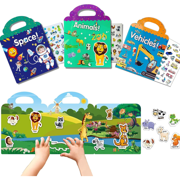 3-pak klistermærke bøger til barn 2-4, tilbagevendende klistermærker for småbarn Småbarn Reselärande leksaker Road Trip
