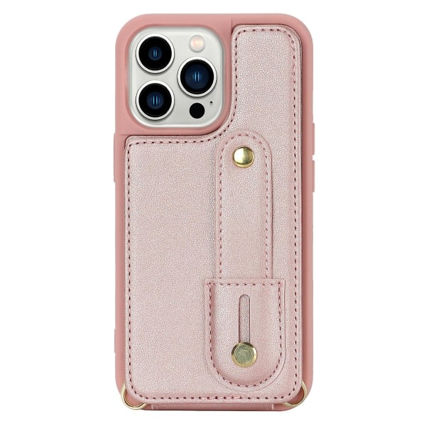 För Iphone 14 Pro Max Käsivarsipanta Kickstand Phone case Läder+tpu cover korthållare Rose Gold
