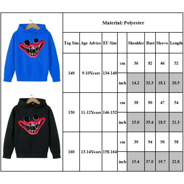 Børne Poppy Playtime Huggy Wuggy Hoodie Frakke til vinter Sort 140cm
