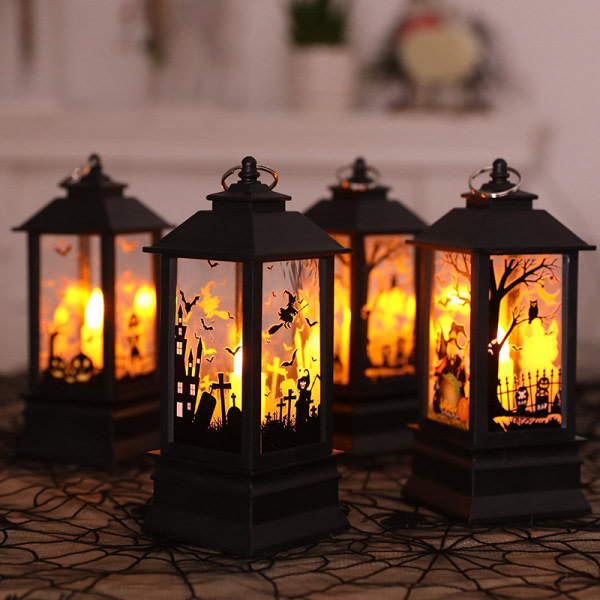 Halloween Vintage Pumpa Slott Ljus Lampa Fest Hängande LED P svart P1