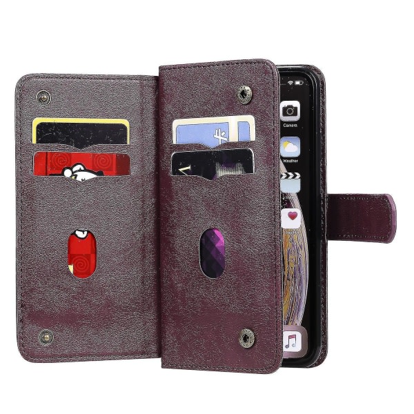 Kompatibel Iphone Xs Max Case Retro Läderplånbok Flip Magnetic Cover 10 korthållare - Röd Brun null ingen