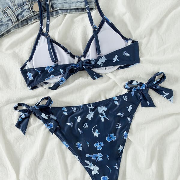 Sexet High Cut String Blomster Bikini Sæt Søde Badedragter med Bøjle til Kvinder Push Up 2-delt Badedragt，M