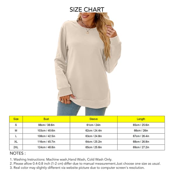 Women's Long Sleeve T-Shirt Crew Neck Irregular Hem Top Solid Color Loose Casual Basic Tee Apricot XL