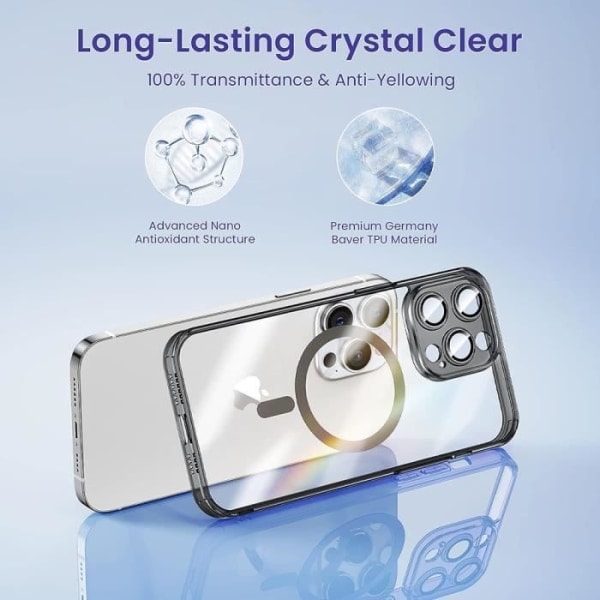 CQBB Fodral för iPhone 15 - Hårt Transparent skydd Svart kontur med magnetisk cirkel och bakre glaslinsskydd