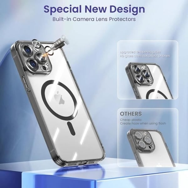 CQBB Fodral för iPhone 15 - Hårt Transparent skydd Svart kontur med magnetisk cirkel och bakre glaslinsskydd