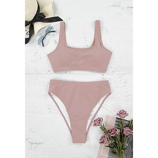 CDQ 2-delad bikini med crop top og høj midja 01 - pink LCDQ