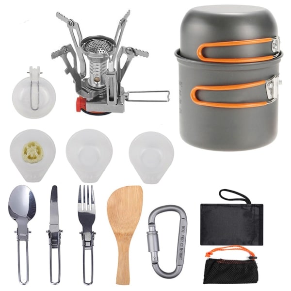 13-delt camping køkkensæt, sammenklappeligt, til udendørs vandring, picnic, mess kit, gryder, pande, C