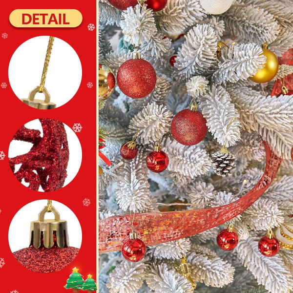 Paket med 100 röda julgranskulor för julgran, glittrande, ogenomskinlig, glänsande dekorationer, diameter 3, 4 och 6 cm