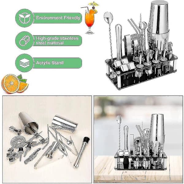 Cocktail Shaker Sæt, Boston i rustfrit stål Bartender Kit med akrylstativ & Cocktailopskrift Bog