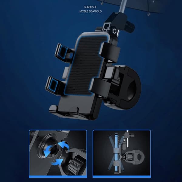 Cykeltelefonholder med mini-solskærm, stødsikker 360° roterende holder til navigation og pendling, sort