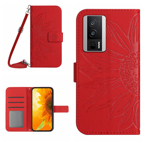 Ht04 Plånbok Flip Cover för Xiaomi Poco F5 Pro 5g / Redmi K60 5g / K60 Pro 5g, Pu Läderställ Solrosmönster tryckt phone case med S Röd ingen