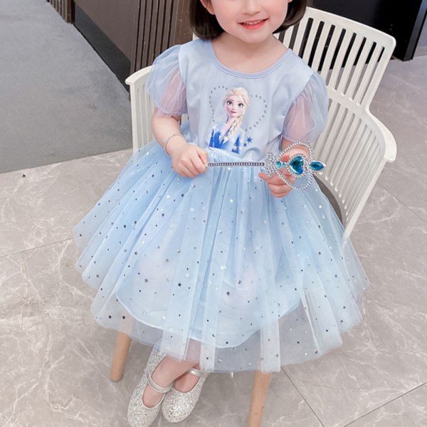 Girl Frozen Elsa Princess Kids Cotton Gaze Födelsedagsfestklänning blå 100cm