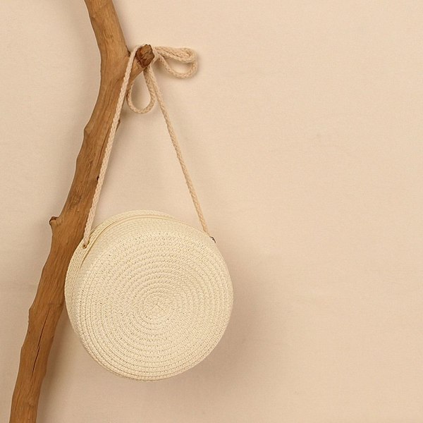 Rund halmväska Dam vävd strandväska Handgjord stickad handväska white