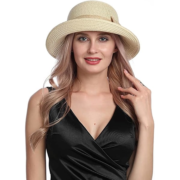 Justerbar sommarhatt för damer, hopfällbar med lockig rosett, passar alla tillfällen, solhatt, solskydd (beige)