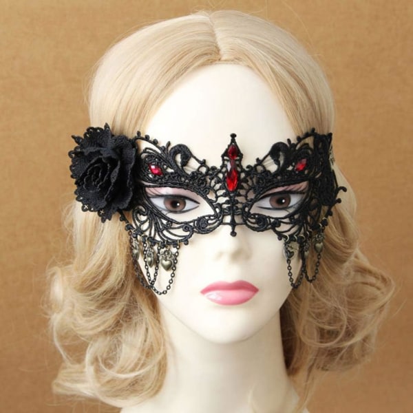 CDQ Halloween Maskerad Spetsmask med Strassblomma 1st