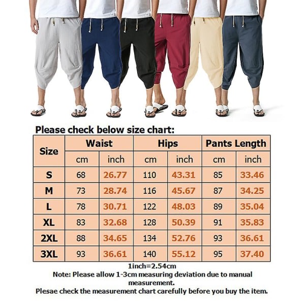 Män 3/4 Linne Shorts Byxor Sommar Casual Capri Lösa Byxor Khaki XL zdq