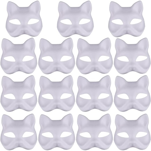 Kattmaske, Kattmaske 15 stk Halv Revmaske Hvit Therian Maske Diy Malbar Blank Maske for Holloween, Maskeradeball, Cosplay
