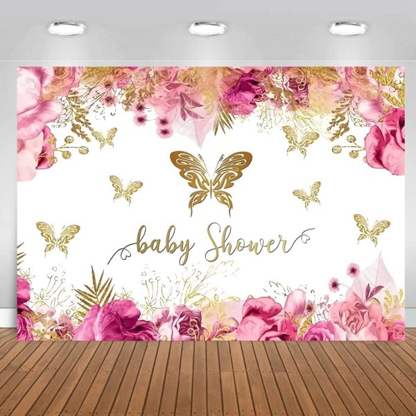 5x3ft Fairy Gold Butterfly Baby Shower Bakgrunn Flickor Baby Shower Party Dekorasjoner Banner for Prinsessan Rosa Lila Blomma Guld Butterfly