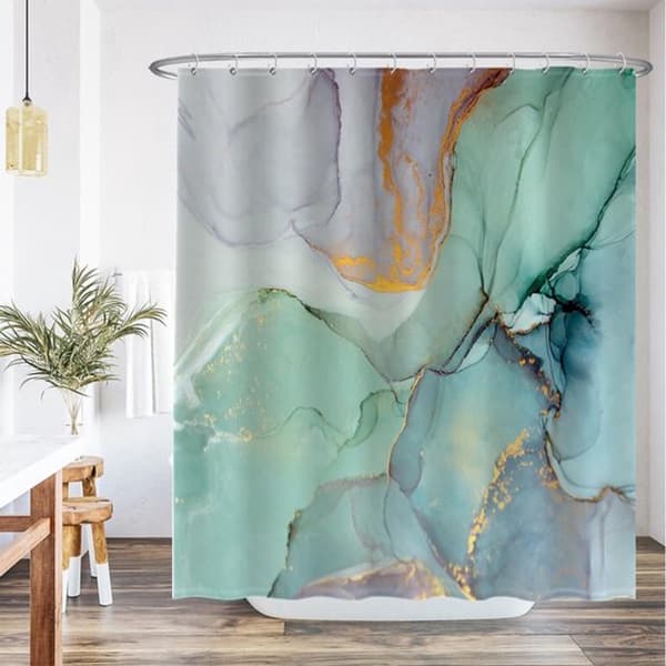 Bruseforhæng, vaskbart hurtigtørrende vandtæt polyester, grønt marmor akvareldesign til badeværelse og bruser, 180 x 200 cm