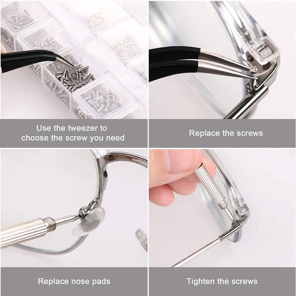 1000st Micro Screw Repair Kit, glasskrue med skrumejsel & pincett for glass Klockor Solglasögon Smycken