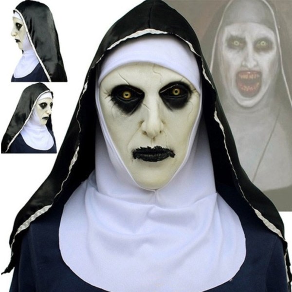 Horror Nonne Latexmaske med Hodeskjerf Valak Cosplay for Hallow Hvit onesize