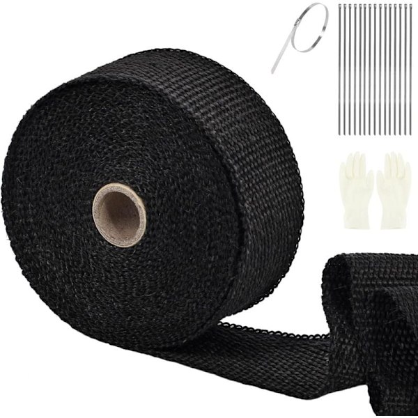 Varmebestandig Tape, 15M50MM Udstødningsmanifoldisolering Tape, Varmeisolering Tape med 10 Rustfrie Spændebånd, til Motorcykel Udstødningsmanifolder og Udstødningssystemer