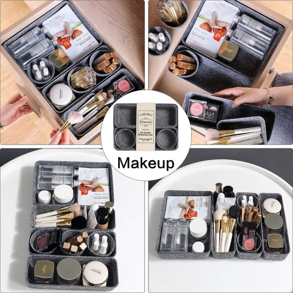 CDQ Makeup Organizer, Sæt med 8 sammenklappelige filtkasser, kosmetiske opbevaringsdelere, vaskbare opbevaringsbakker til skrivebord og toiletborde