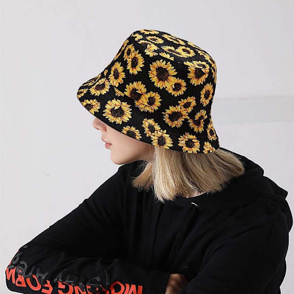 Söt bucket hat strandfiskarhattar för kvinnor, vändbar dubbelsidig användning SunflowerB
