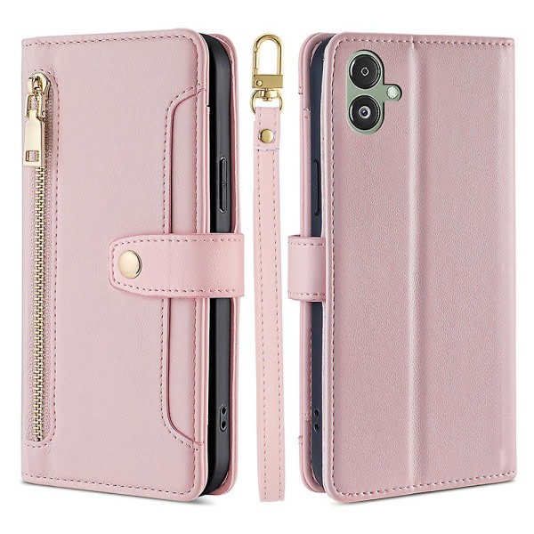 For Samsung Galaxy F14 5g telefondeksel med dragkjede Anti-drop Pu Läder Plånbok Telefonskal med 2 remmar Pink