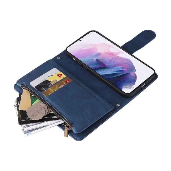 Veske til Samsung Galaxy S22 Plus 5g läder Flip-deksel med kreditkortsholder Pengarficka Magnetisk knapp Veske Kickstand Shoc Blue A