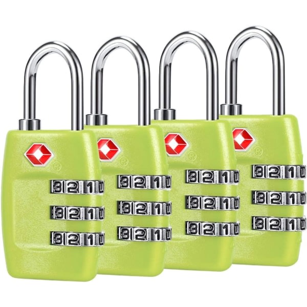 Bagagelås (4-pack) - 3-siffriga kombinationshänglås - Godkänt reselås för resväskor och bagage (Grön1)