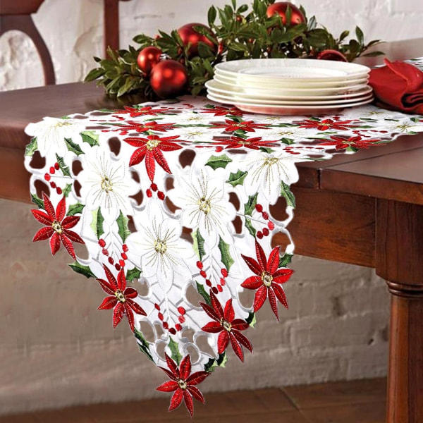 Heyone Julbroderad Bordslöpare Julstjärna Holly Leaf Bordslinnen för Juldekorationer 15 x 69 tum