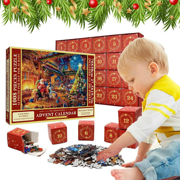 2024 Puslespil Adventskalender, 1008 Puslespilsbrikker 24 Dages Jul Nedtælling Adventskalendere, Julegaveidé til Børn