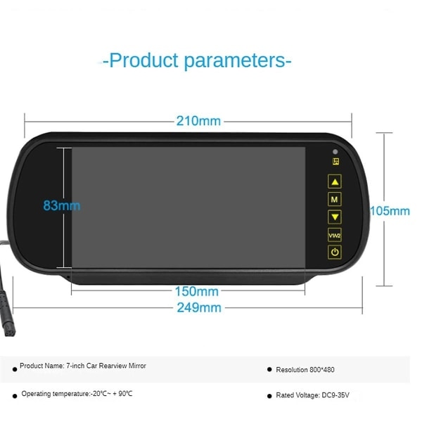 7-tommer bil LCD-spejlmonitor Bakkamera Skærm 2 AV-indgange Auto Display Assist