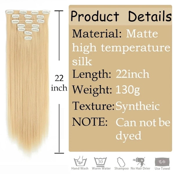 22 Tums 16 Klipp Hår Extensions Lång Rak Frisyr Syntetisk Blond Svart Frisyr Värmebeständig Falskt Hår 16-613 24 Tums