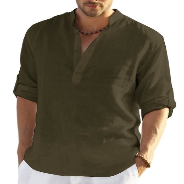 Långærmad linneskjorta herr, casual i bomuld og linne, S-5xl top, Ny design gratis frakt_p Army green XL zdq
