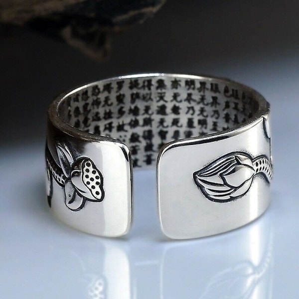 99 Sølv Lotus Ring med Hjerte Sutra Justerbar Open End Finger Ring Smykker Gaver