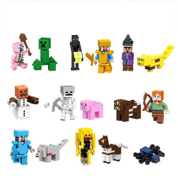 Set med 16 Minecraft - En värld full av miniblock och äventyr med Steve och Creeper