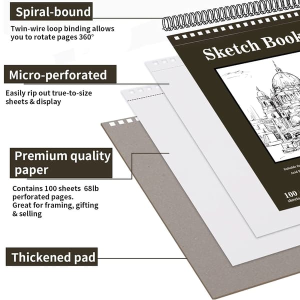 Skitsbog med 100 ark 9x12 tommer - Hardcover - Spiralindbinding og bærbar
