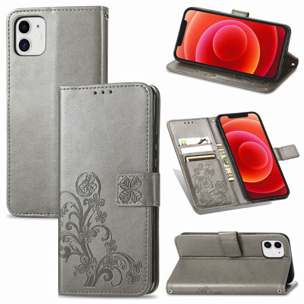 Etui til Iphone 12 cover Clover Præglat beskyttende læder telefon cover Magnetisk - Grå C1 A